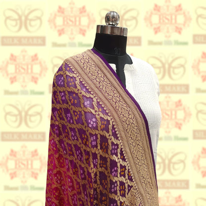 Violet/Pink Georgette Banarasi Handloom Bandhani Dupatta - Bharat Silk House Bandhej