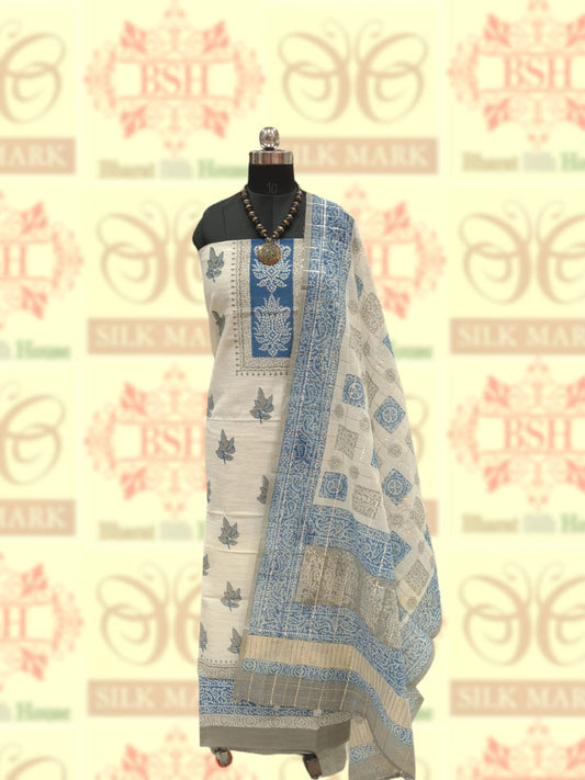 White 2pcs Unstitched Suitset Pure Cotton Block Printed - Bharat Silk House Cotton