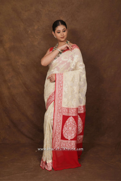 White Four Way Layer Sona Rupa Khaddi Chiffon Saree - Bharat Silk House Chiffon Sarees