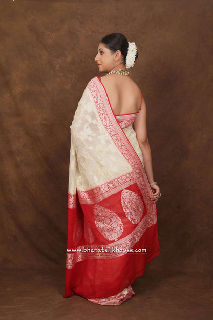 White Four Way Layer Sona Rupa Khaddi Chiffon Saree - Bharat Silk House Chiffon Sarees