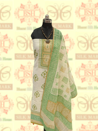 White Pure Cotton Block Print Unstitched 2pcs Suitset - Bharat Silk House Cotton