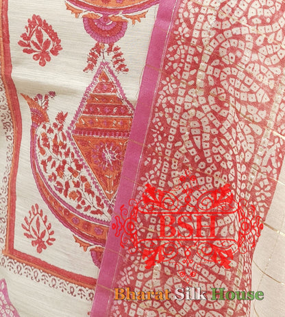 White Pure Cotton Printed Unstitched Suitset - Bharat Silk House Cotton