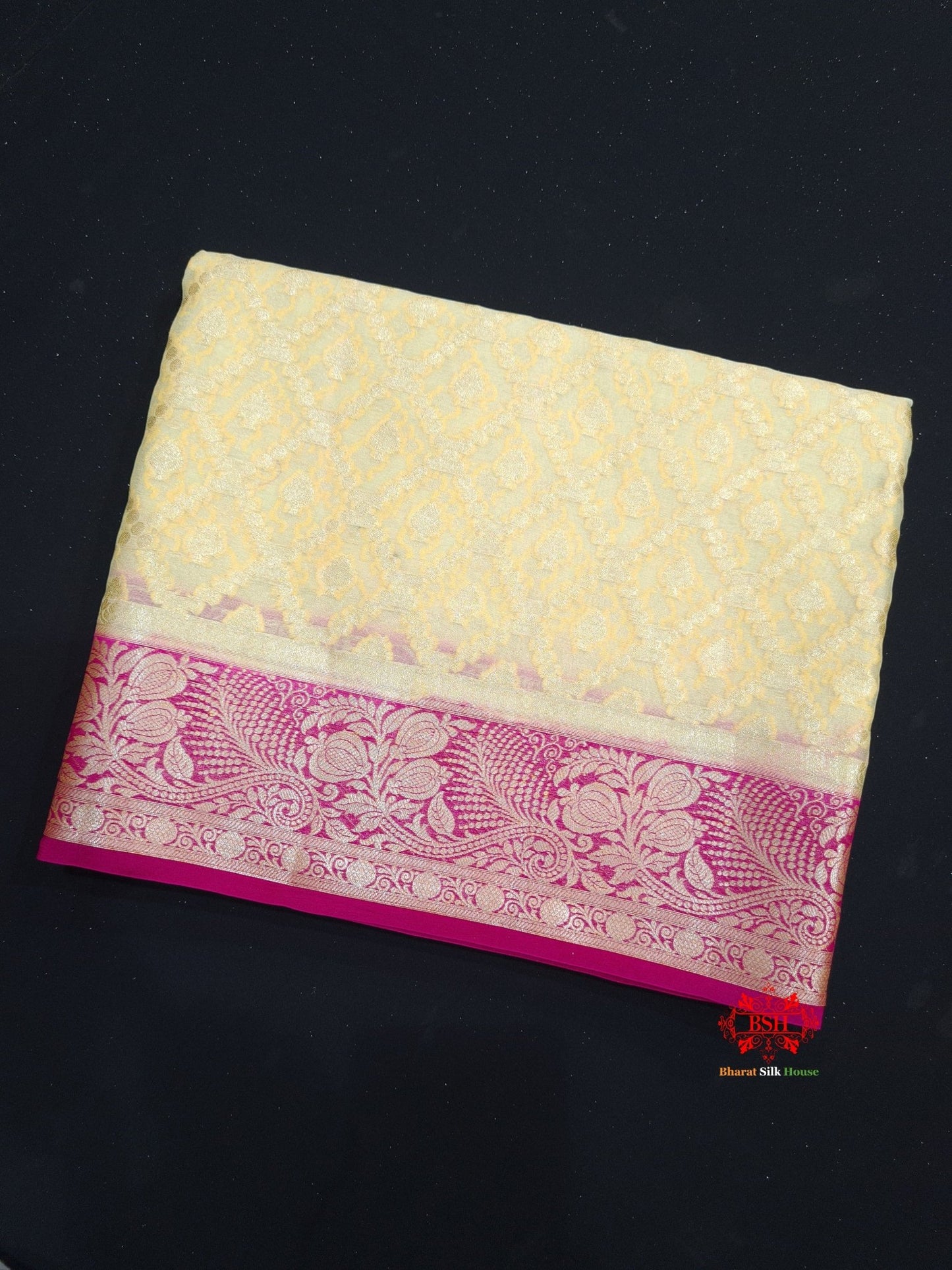 White With Pink Border Pure Chiffon Handbrush Dyed Reshmi Zari Silk Saree - Bharat Silk House Chiffon Sarees