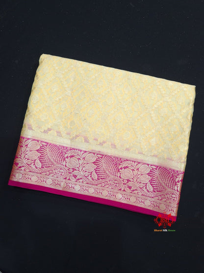 White With Pink Border Pure Chiffon Handbrush Dyed Reshmi Zari Silk Saree - Bharat Silk House Chiffon Sarees