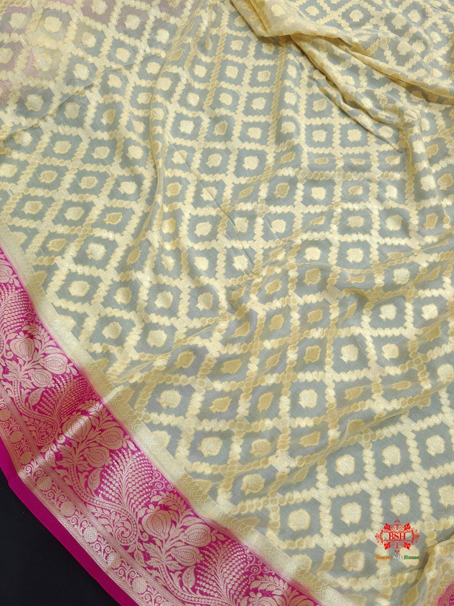 White With Pink Border Pure Chiffon Handbrush Dyed Reshmi Zari Silk Saree - Bharat Silk House Chiffon Sarees