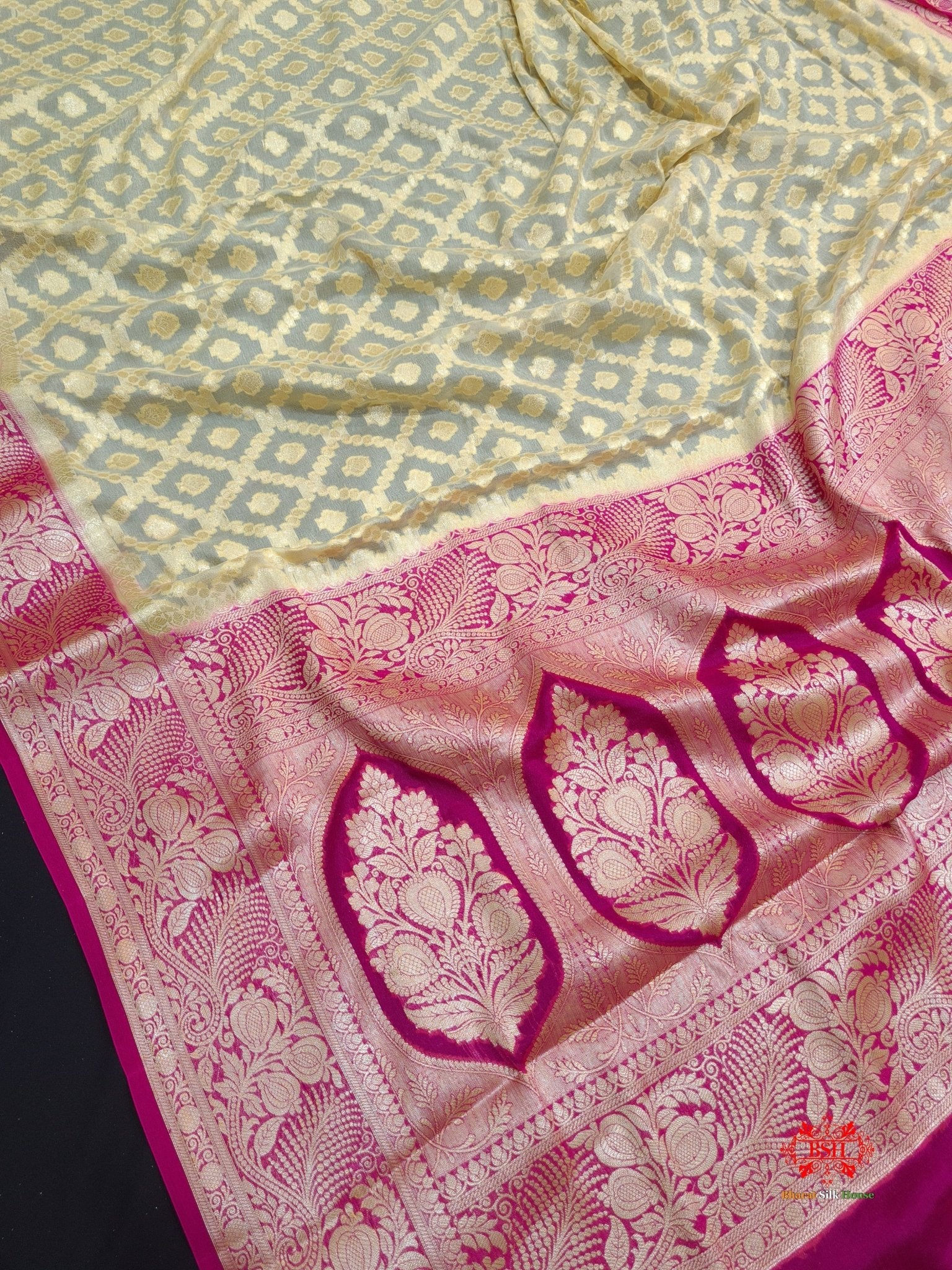 White With Pink Border Pure Chiffon Handbrush Dyed Reshmi Zari Silk Saree - Bharat Silk House Chiffon Sarees