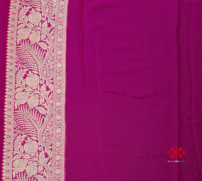 White With Pink Border Pure Chiffon Handbrush Dyed Reshmi Zari Silk Saree - Bharat Silk House Chiffon Sarees