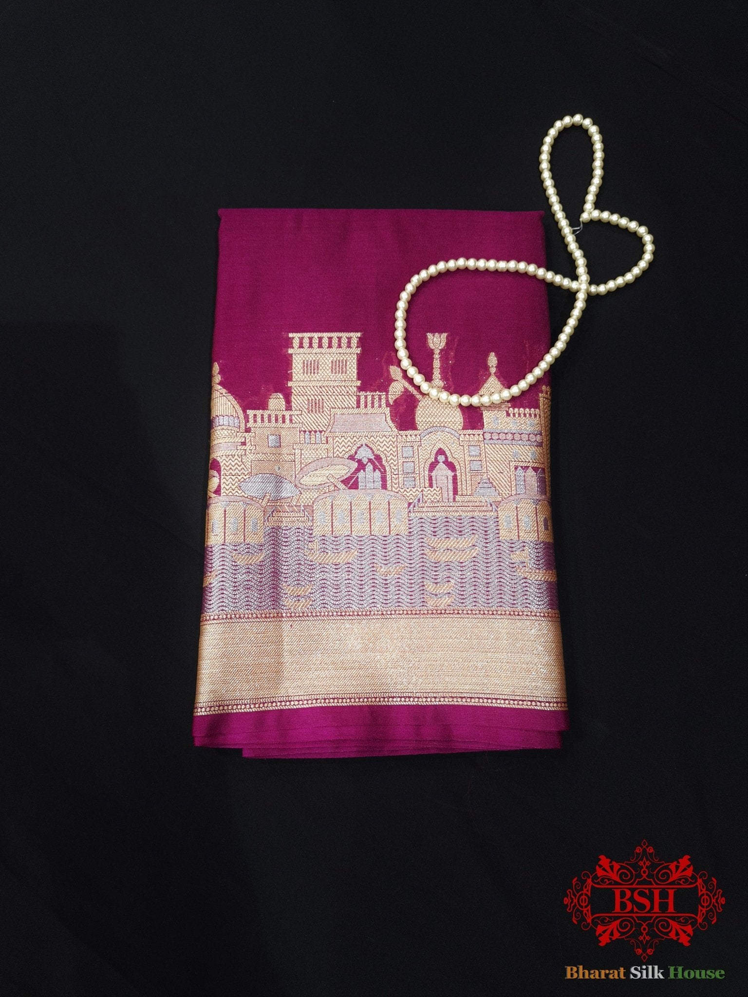 Wine Banaras Ghats Weaved Silk Saree - Bharat Silk House Semi - Silk