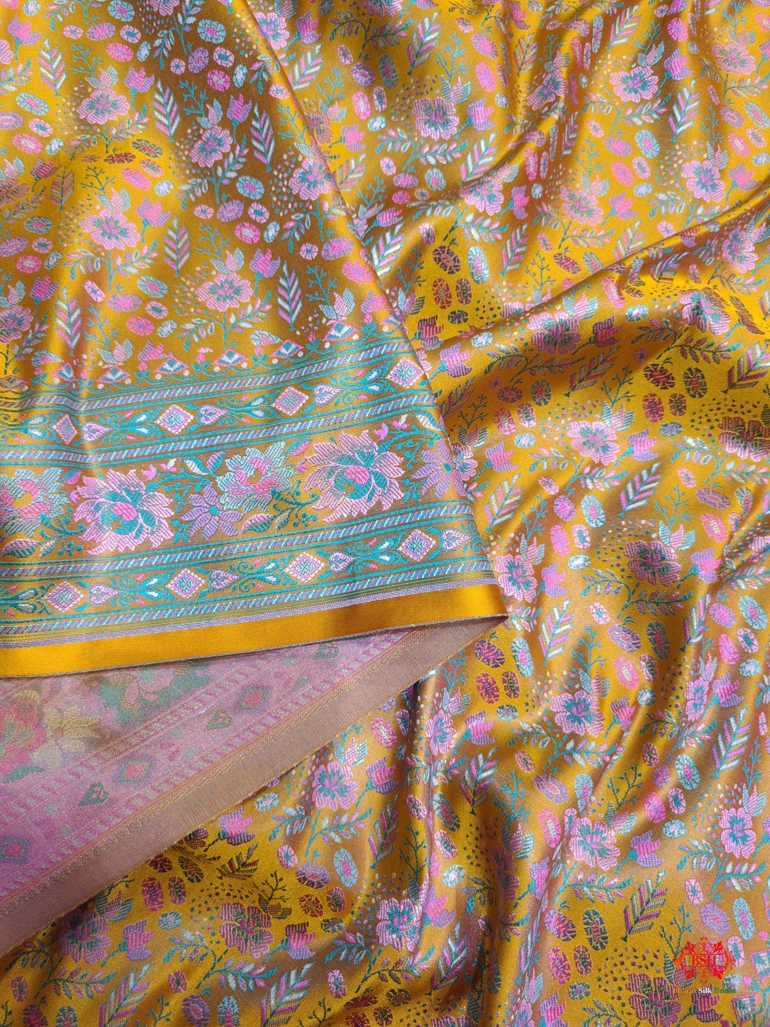 Yellow Chauthera (Four Color) Resham Zari Tanchoi Katan Silk Saree - Bharat Silk House Tanchoi katan