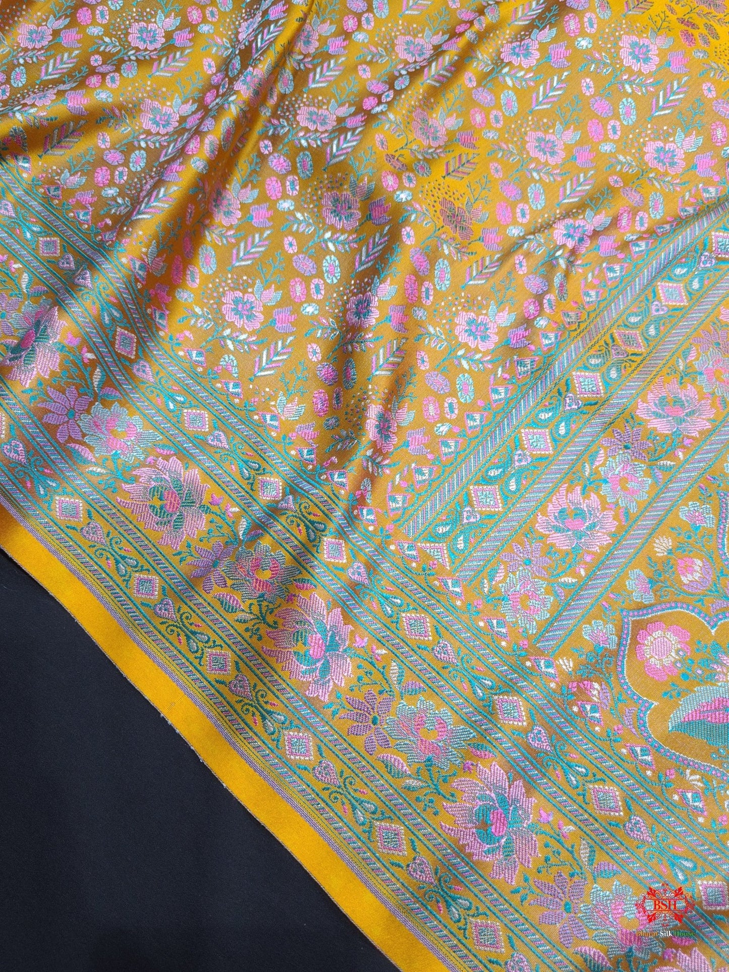 Yellow Chauthera (Four Color) Resham Zari Tanchoi Katan Silk Saree - Bharat Silk House Tanchoi katan