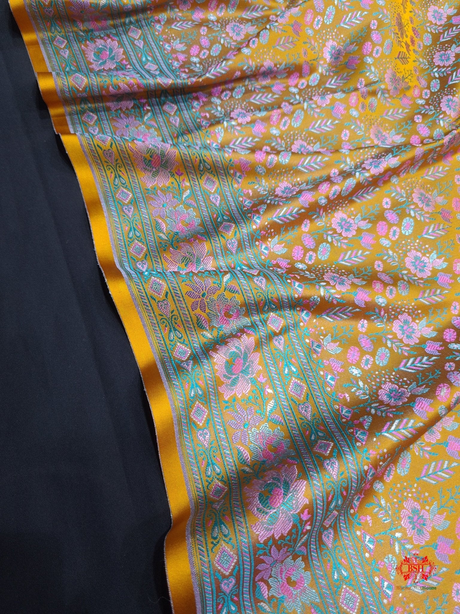 Yellow Chauthera (Four Color) Resham Zari Tanchoi Katan Silk Saree - Bharat Silk House Tanchoi katan