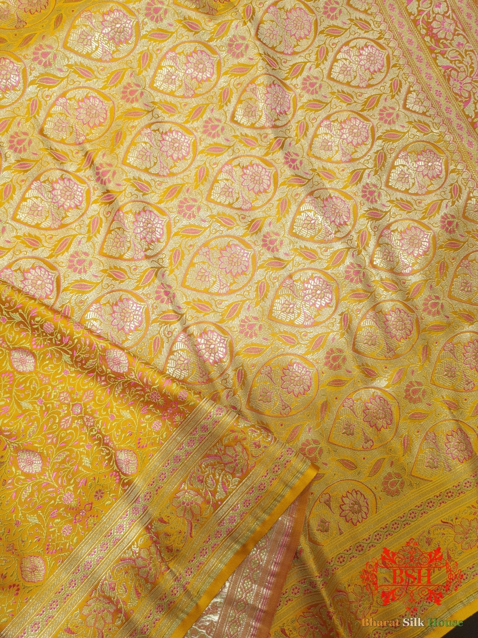 Yellow Dohri Resham Zari Booti Tanchoi Silk Saree - Bharat Silk House Tanchoi katan