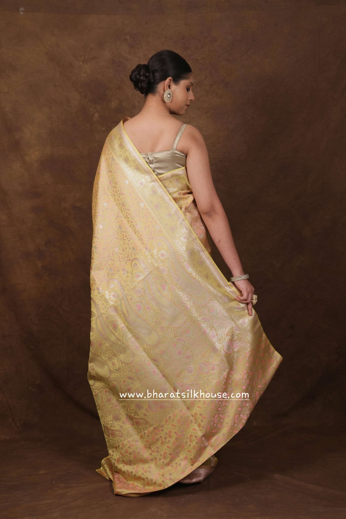 Yellow Dohri Resham Zari Booti Tanchoi Silk Saree - Bharat Silk House Tanchoi katan