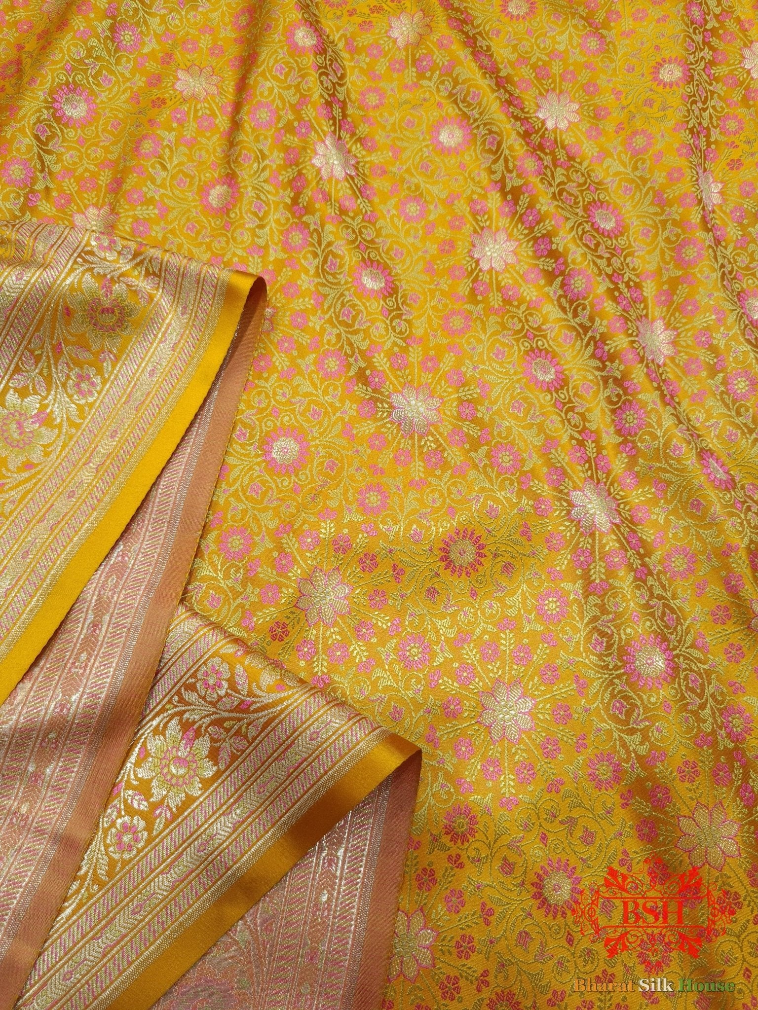 Yellow Dohri Resham Zari Booti Tanchoi Silk Saree - Bharat Silk House Tanchoi katan