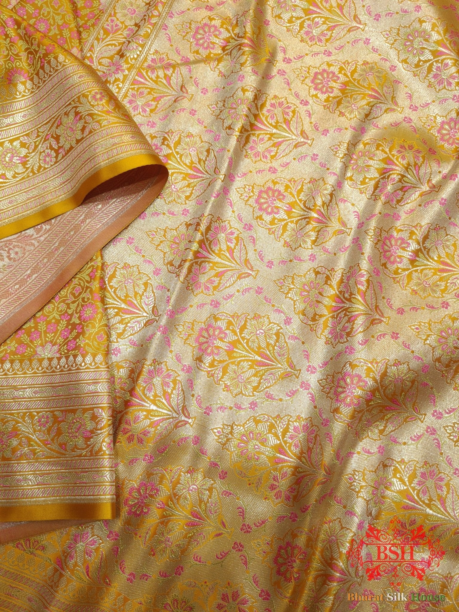 Yellow Dohri Resham Zari Booti Tanchoi Silk Saree - Bharat Silk House Tanchoi katan