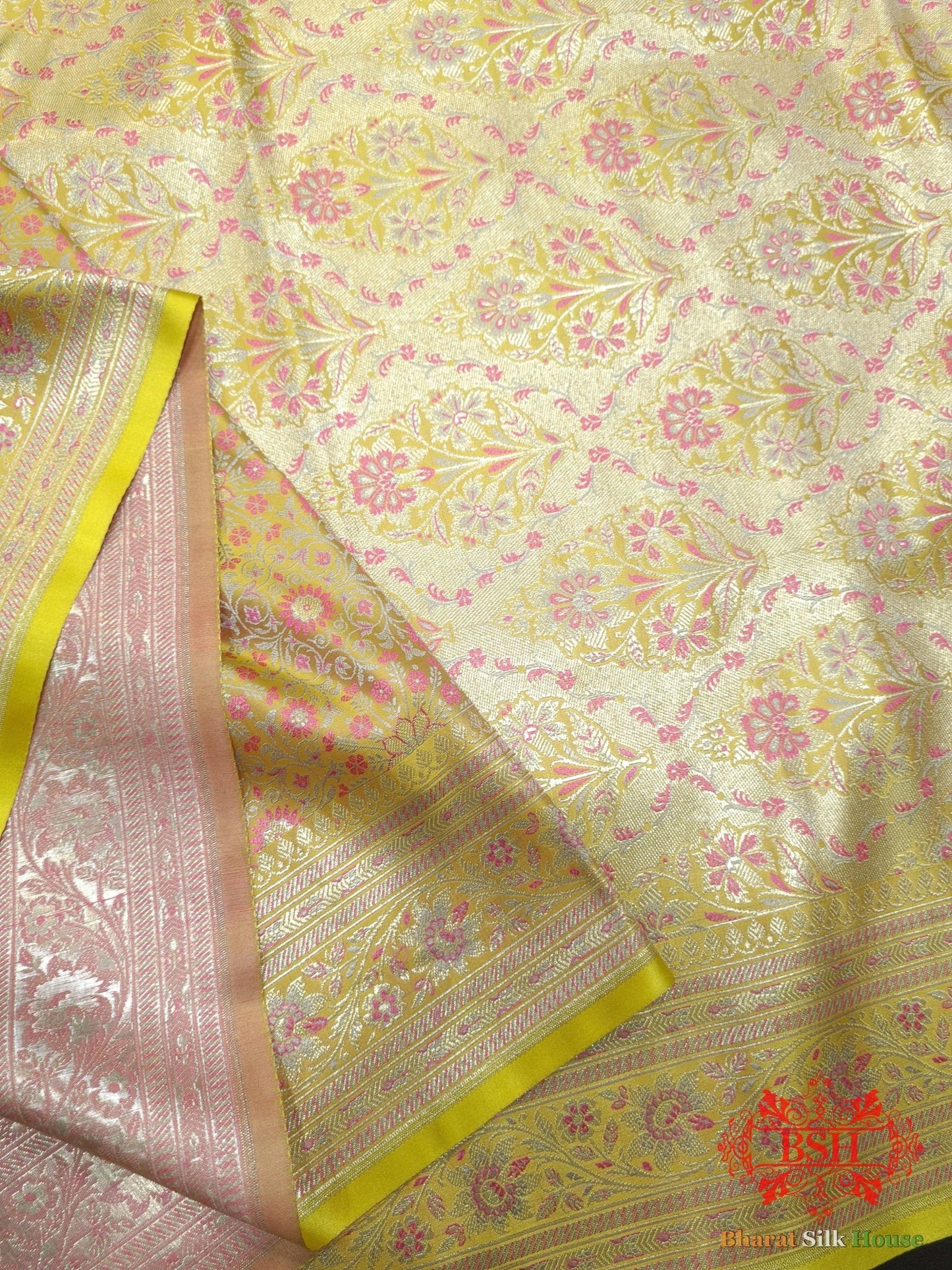 Yellow Dohri Resham Zari Booti Tanchoi Silk Saree - Bharat Silk House Tanchoi katan