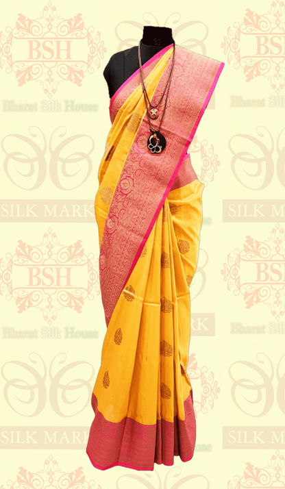 Yellow Pure Tussar Moonga Silk Handloom Saree With Zari Border - Bharat Silk House Tussar