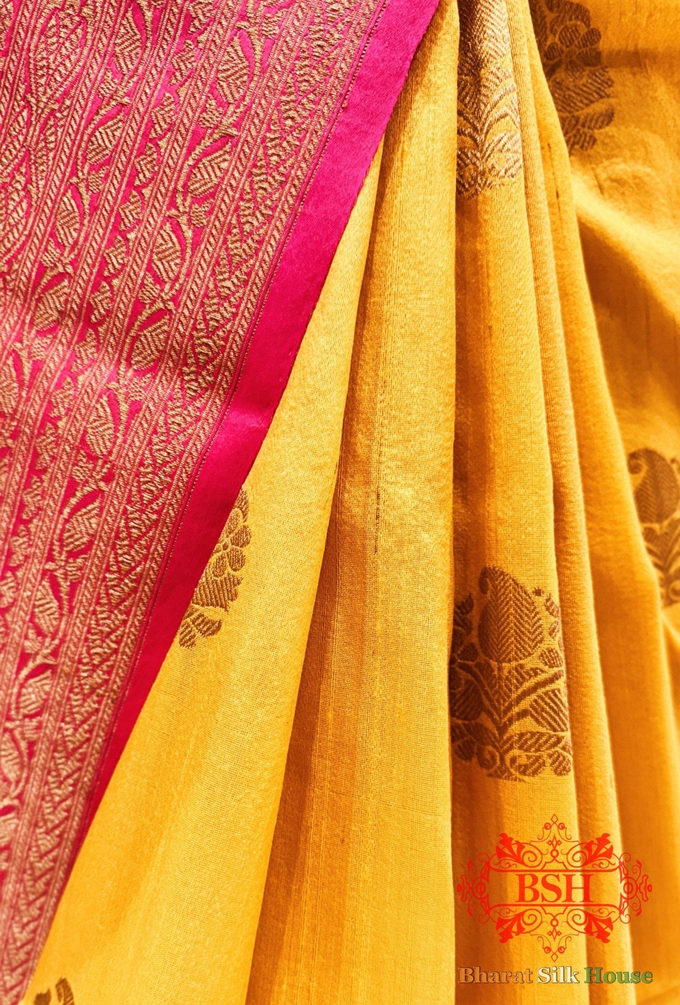 Yellow Pure Tussar Moonga Silk Handloom Saree With Zari Border - Bharat Silk House Tussar