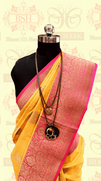 Yellow Pure Tussar Moonga Silk Handloom Saree With Zari Border - Bharat Silk House Tussar