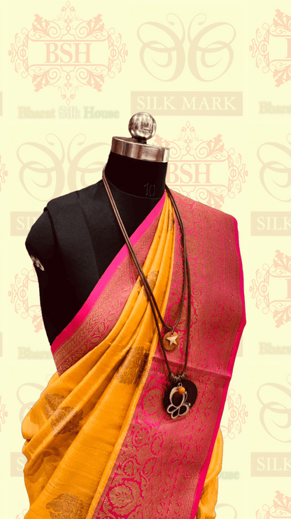 Yellow Pure Tussar Moonga Silk Handloom Saree With Zari Border - Bharat Silk House Tussar