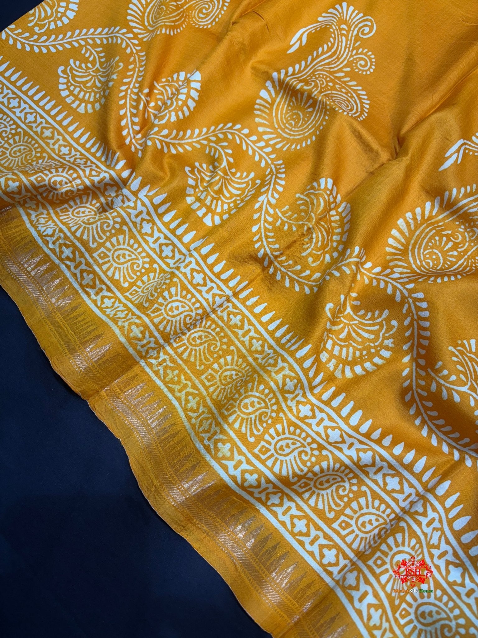 Yellow With Blue Pallu Pure Katan Lightweight Digital Art Summer Wear Saree - Bharat Silk House katan silk