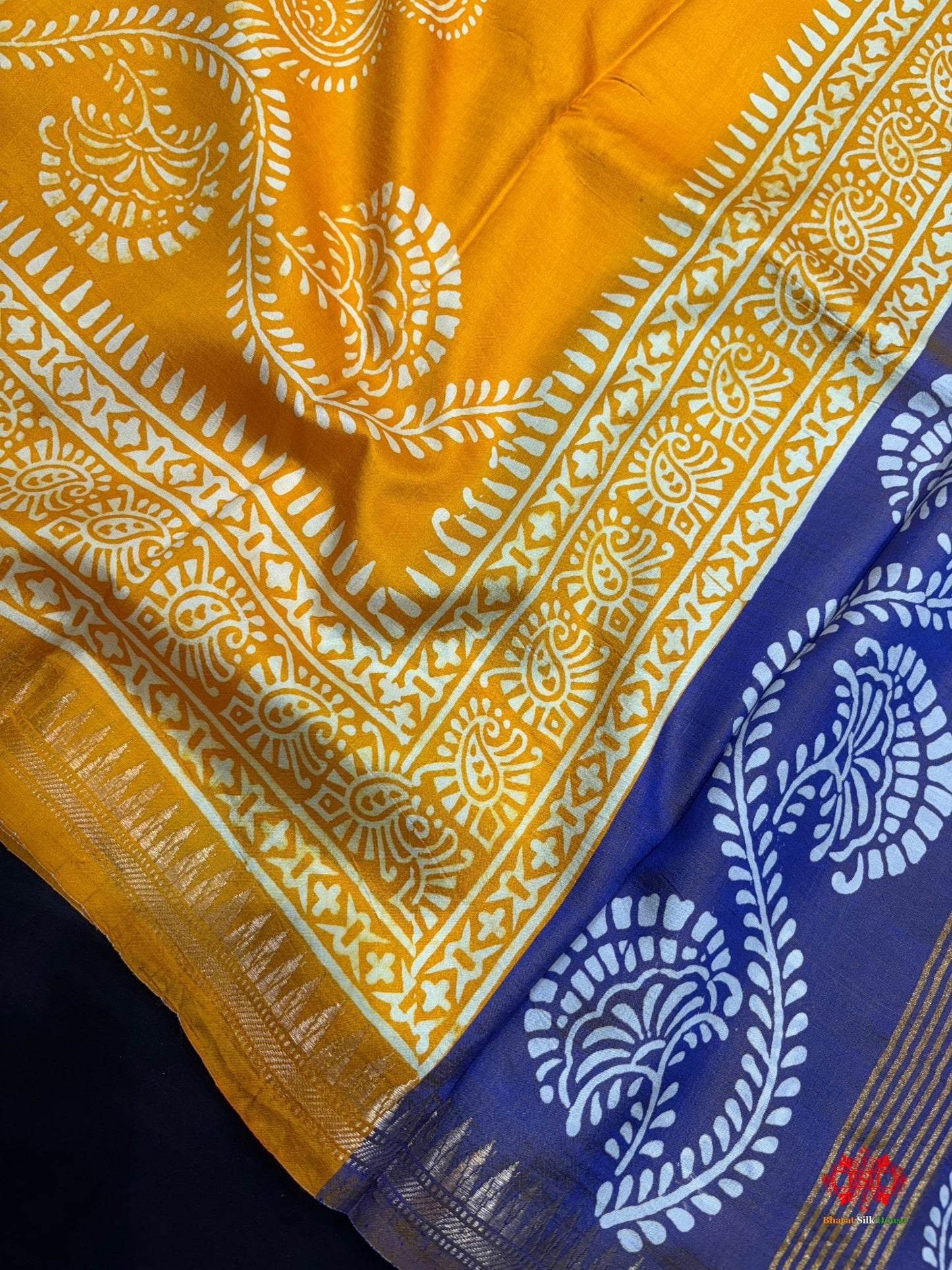 Yellow With Blue Pallu Pure Katan Lightweight Digital Art Summer Wear Saree - Bharat Silk House katan silk