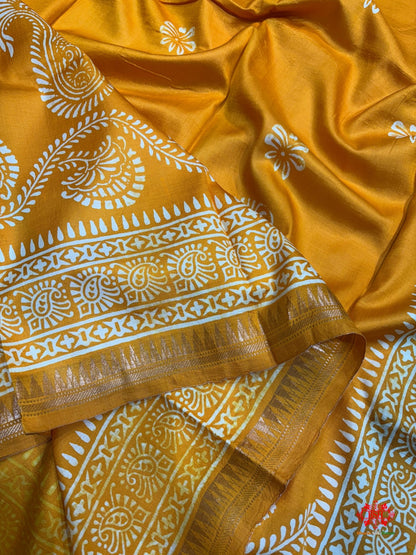 Yellow With Blue Pallu Pure Katan Lightweight Digital Art Summer Wear Saree - Bharat Silk House katan silk