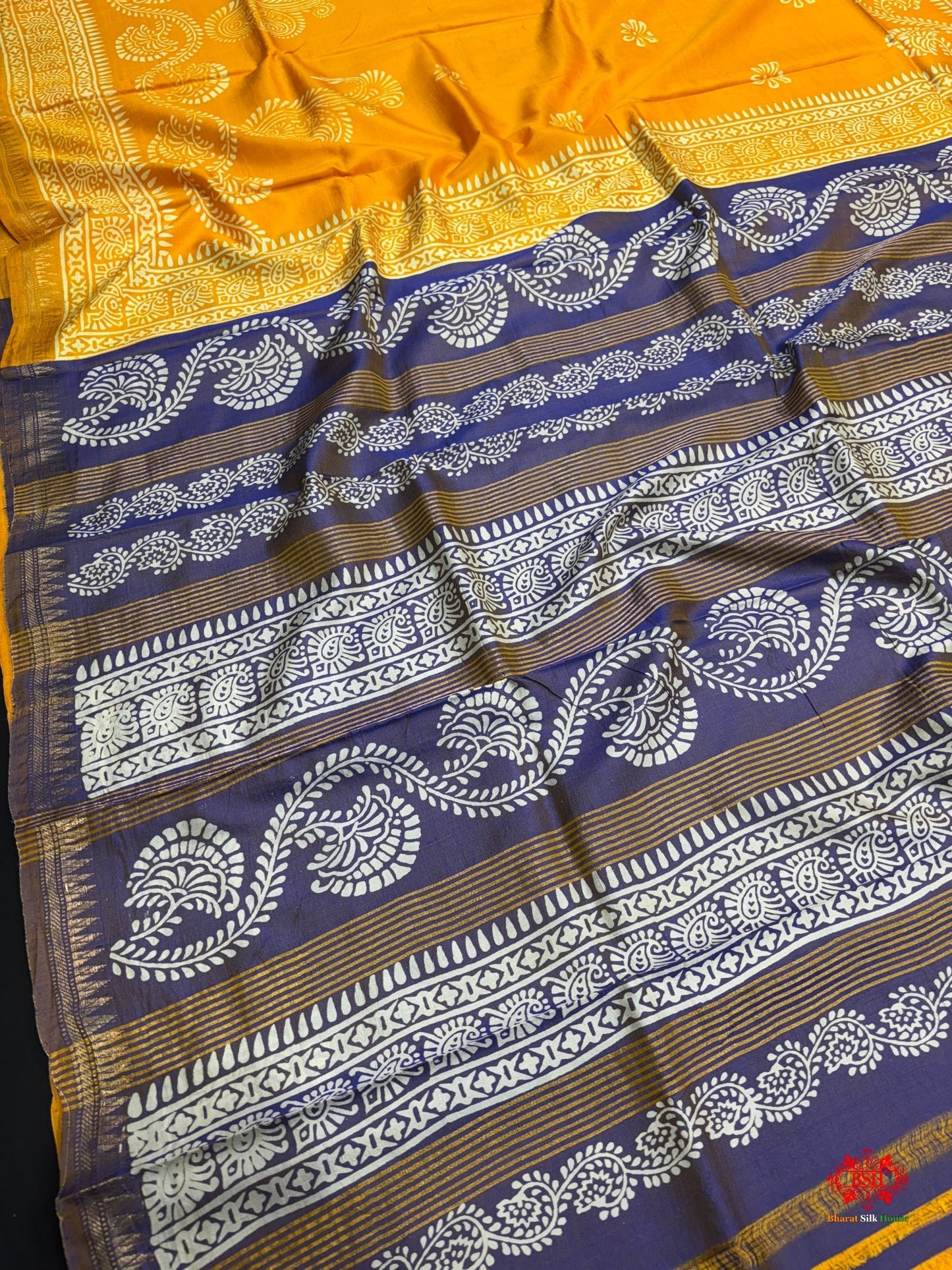 Yellow With Blue Pallu Pure Katan Lightweight Digital Art Summer Wear Saree - Bharat Silk House katan silk