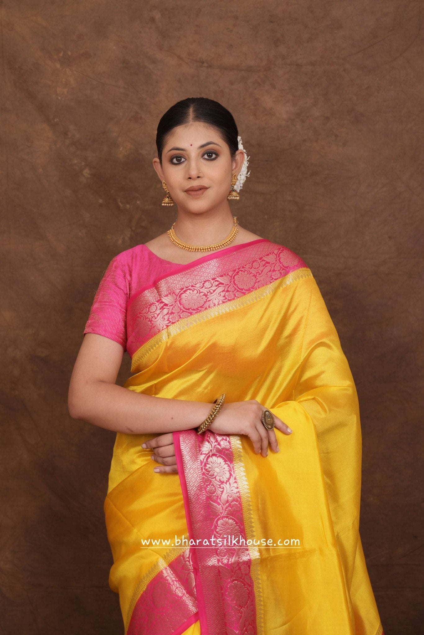 Yellow With Pink Border Pure Dupion Silk Saree - Bharat Silk House