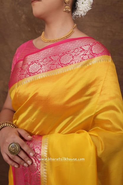 Yellow With Pink Border Pure Dupion Silk Saree - Bharat Silk House