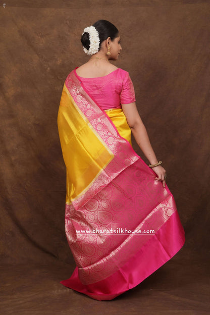 Yellow With Pink Border Pure Dupion Silk Saree - Bharat Silk House