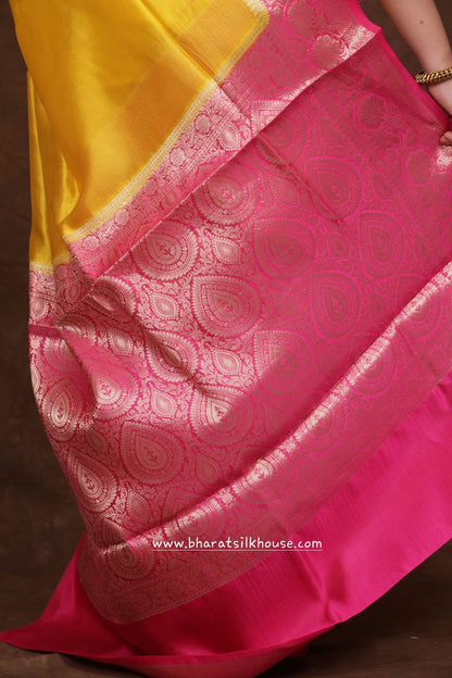 Yellow With Pink Border Pure Dupion Silk Saree - Bharat Silk House