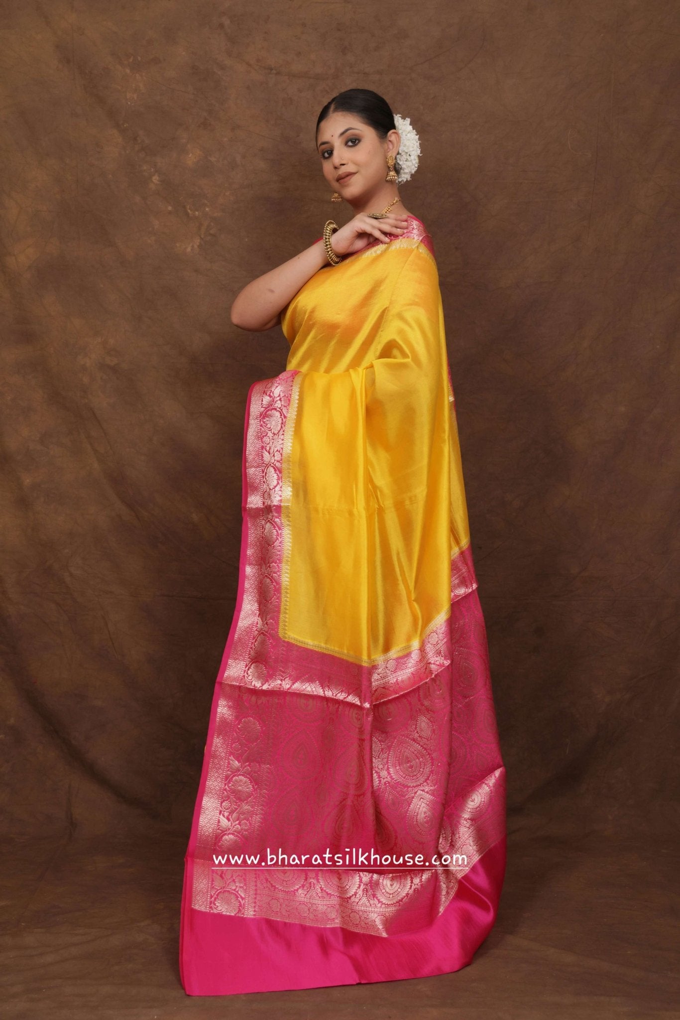 Yellow With Pink Border Pure Dupion Silk Saree - Bharat Silk House