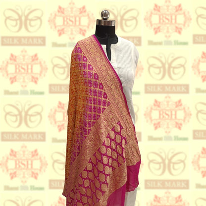 Yellow/Pink Pure Georgette Banarasi Handloom Bandhani Dupatta - Bharat Silk House Bandhej