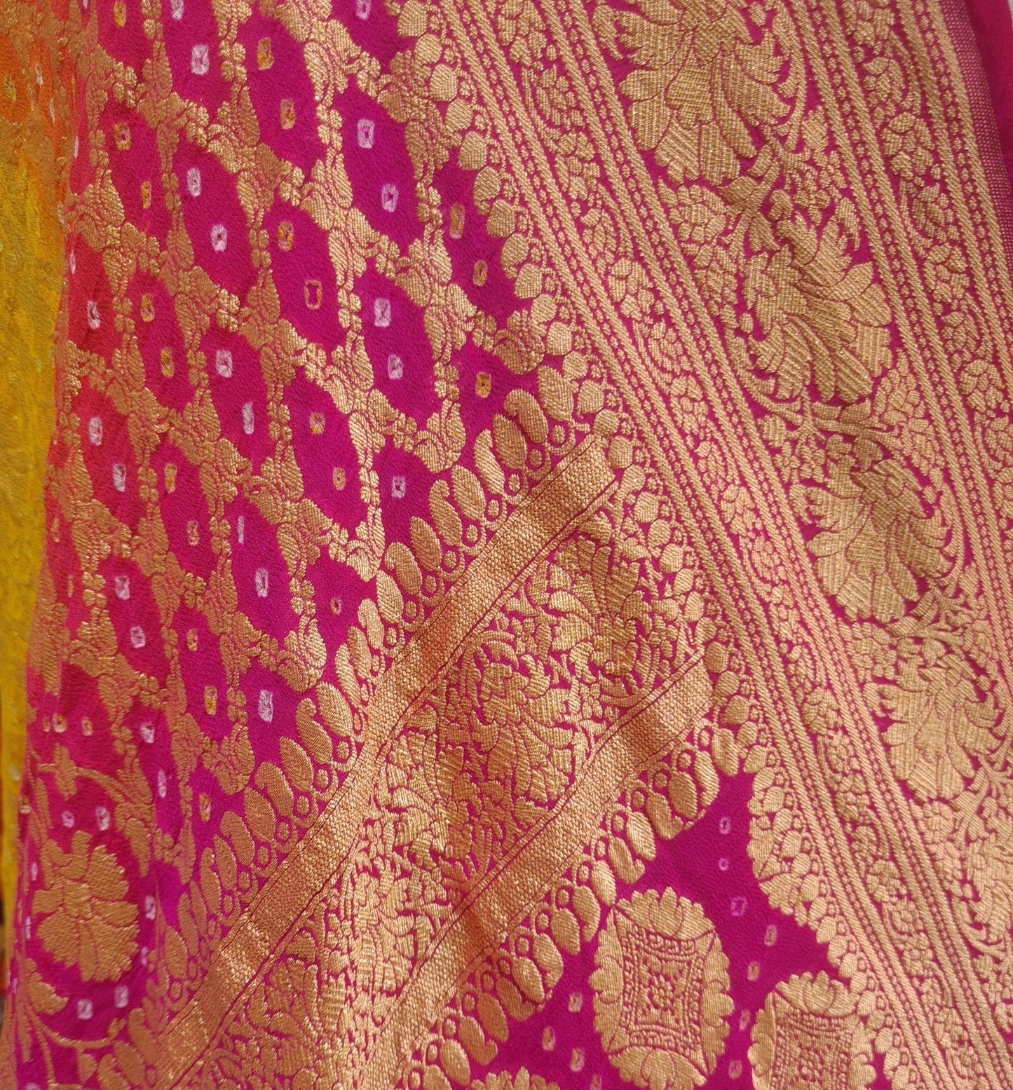 Yellow/Pink Pure Georgette Banarasi Handloom Bandhani Dupatta - Bharat Silk House Bandhej