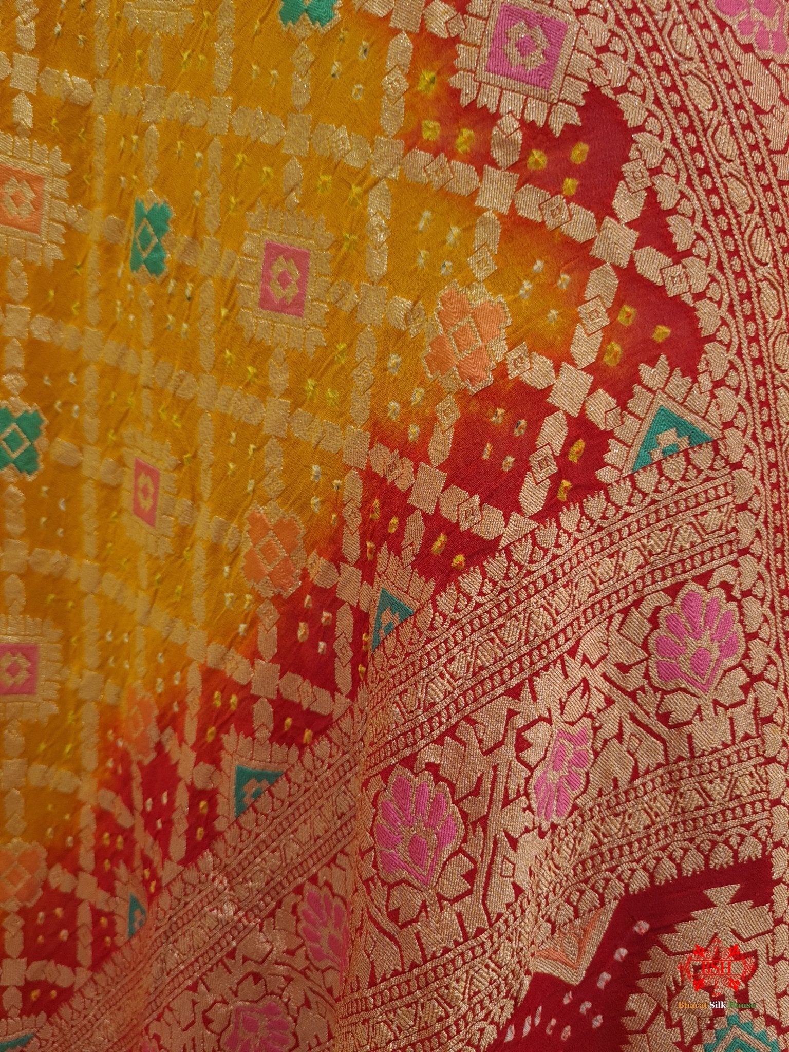 Yellow/Red Georgette Banarasi Handloom Menakari Bandhani Dupatta - Bharat Silk House Bandhej