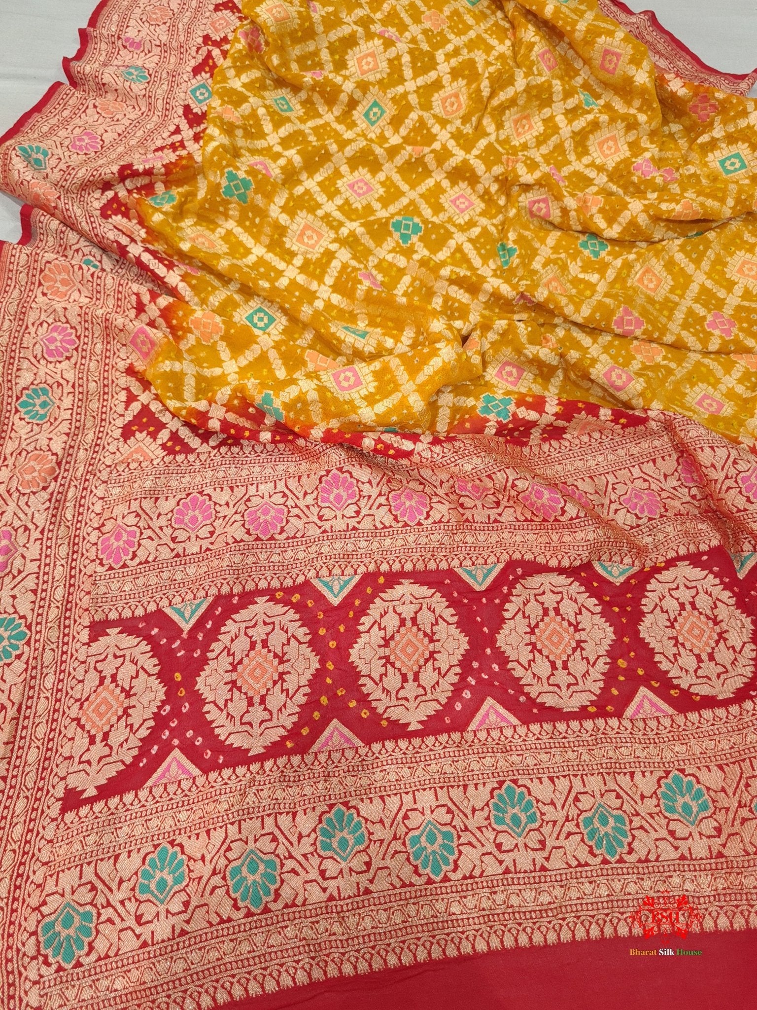 Yellow/Red Georgette Banarasi Handloom Menakari Bandhani Dupatta - Bharat Silk House Bandhej