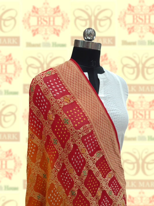 Yellow/Red Georgette Banarasi Handloom Menakari Bandhani Dupatta - Bharat Silk House Bandhej