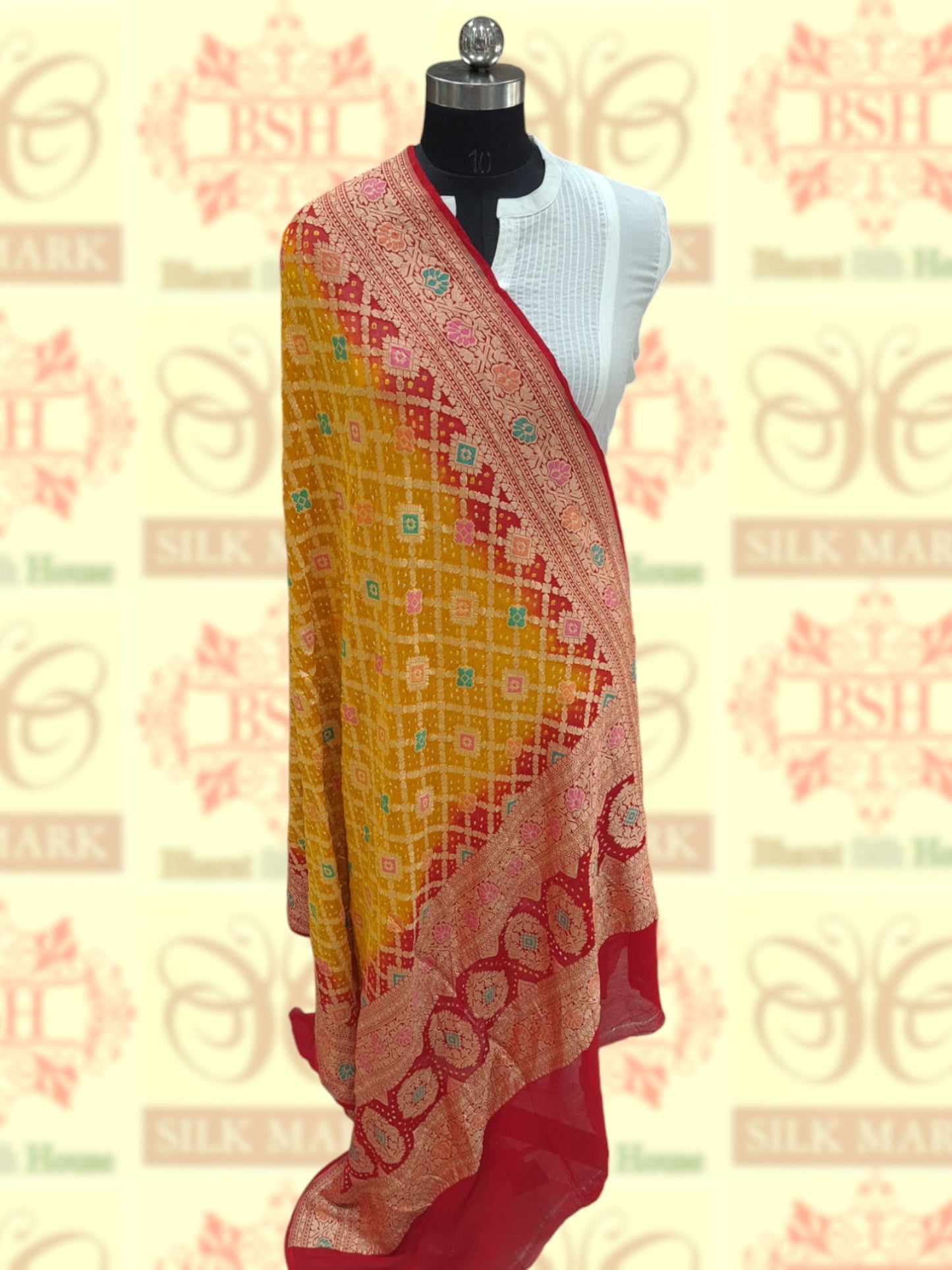 Yellow/Red Georgette Banarasi Handloom Menakari Bandhani Dupatta - Bharat Silk House Bandhej