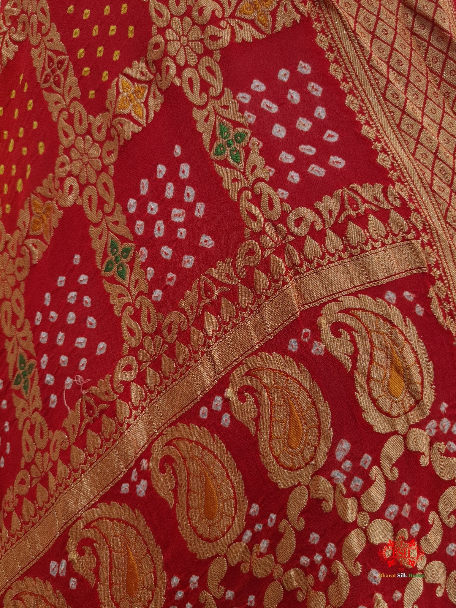 Yellow/Red Georgette Banarasi Handloom Menakari Bandhani Dupatta - Bharat Silk House Bandhej