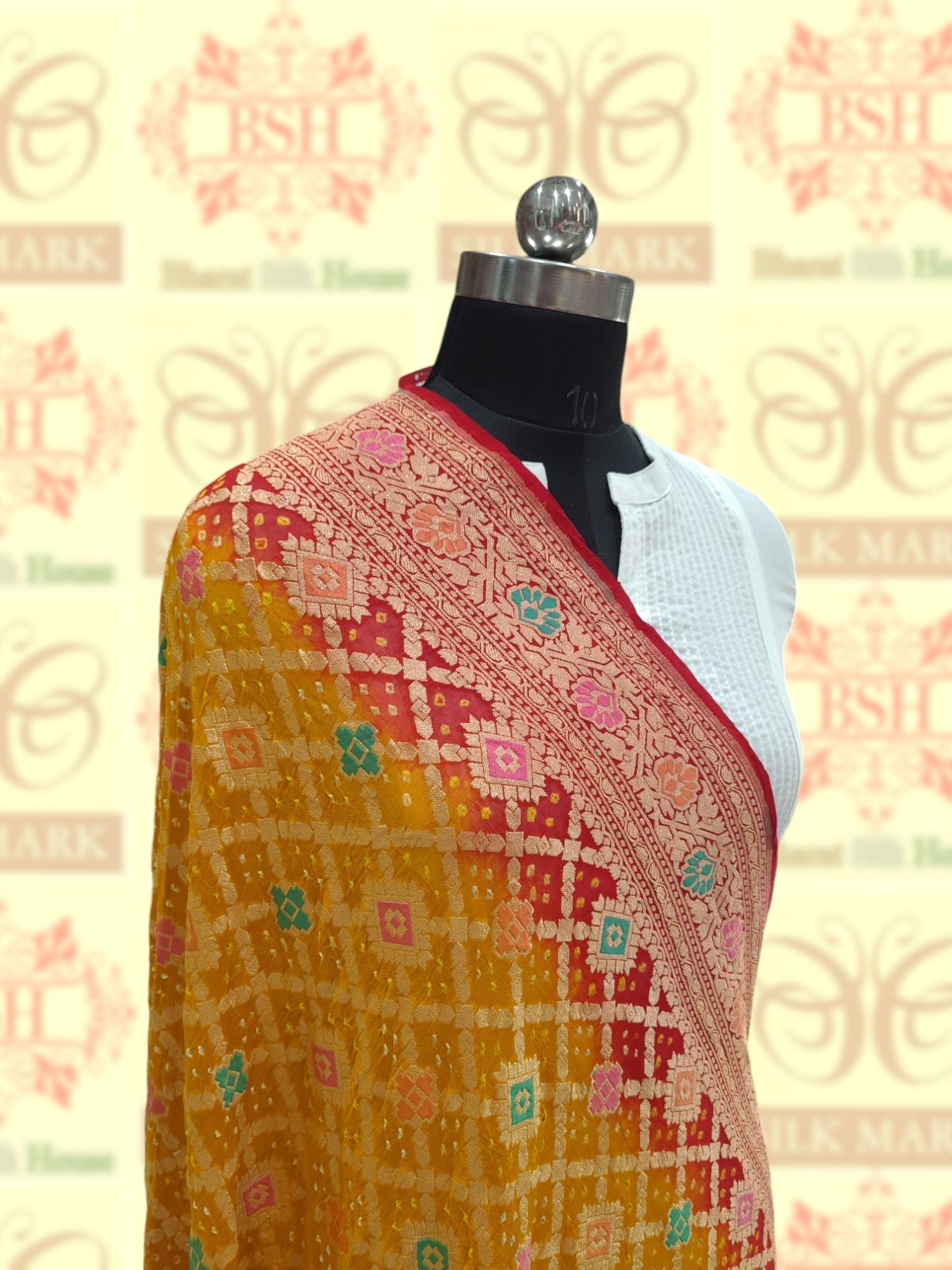 Yellow/Red Georgette Banarasi Handloom Menakari Bandhani Dupatta - Bharat Silk House Bandhej